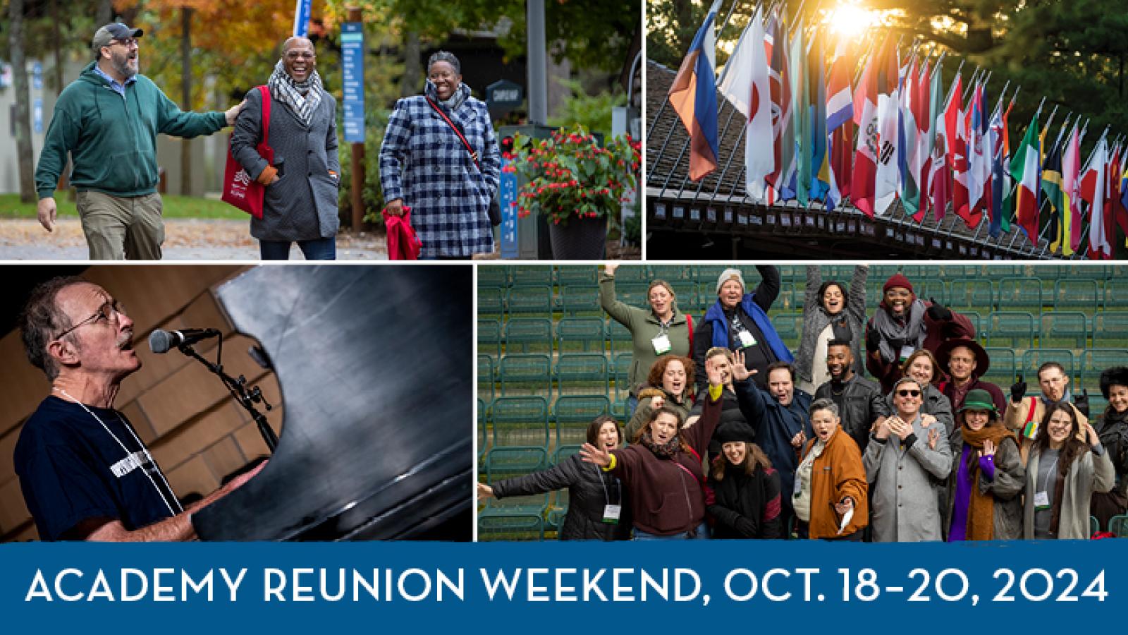 A collage of four images including the flags over Kresge Auditorium at sunset and alumni gathering, performing, and celebration on Interlochen's campus with the words: Academy Reunion Weekend 2024, Oct. 18-20, 2024